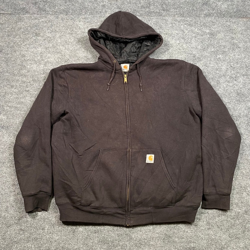 Carhartt Mens Quilted Lined Full Zip Hoodie Jacket Dark Brown Heavyweight XL